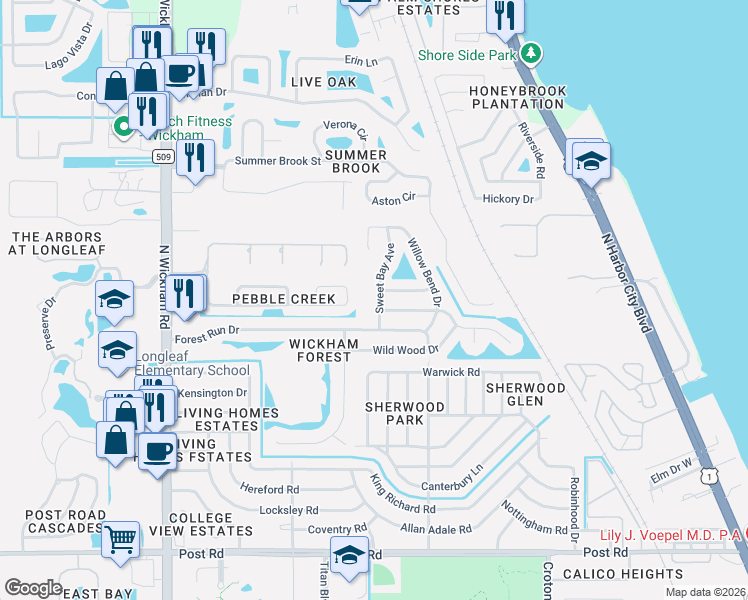 map of restaurants, bars, coffee shops, grocery stores, and more near 4490 Sweet Bay Avenue in Melbourne