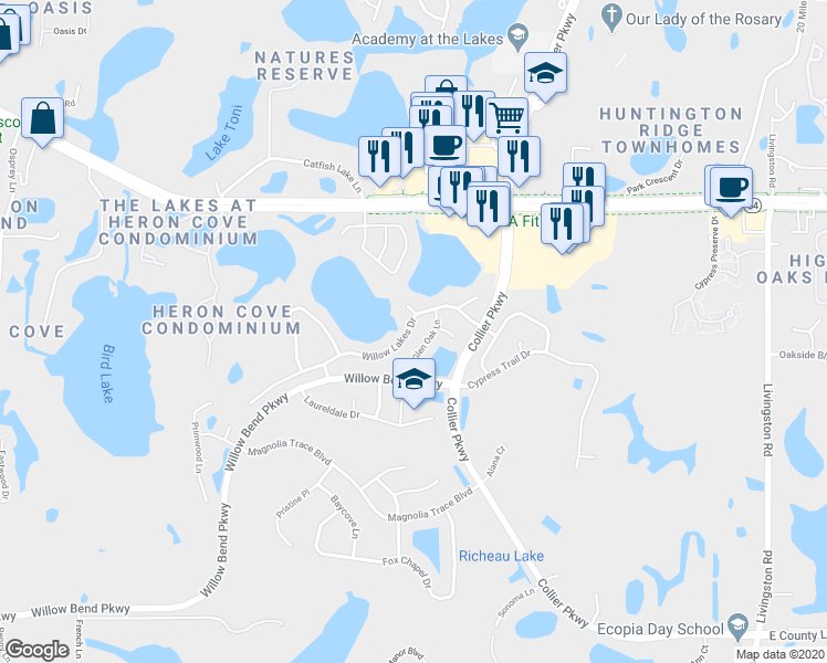 map of restaurants, bars, coffee shops, grocery stores, and more near 22634 Willow Lakes Drive in Lutz