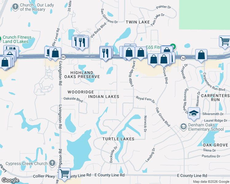 map of restaurants, bars, coffee shops, grocery stores, and more near 23923 Pow Wow Drive in Lutz
