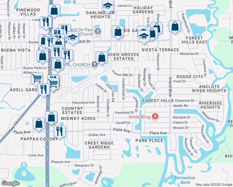 map of restaurants, bars, coffee shops, grocery stores, and more near 1539 Roundtree Road in Holiday