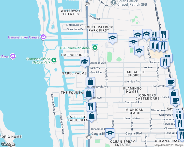 map of restaurants, bars, coffee shops, grocery stores, and more near 1127 South Patrick Drive in Satellite Beach