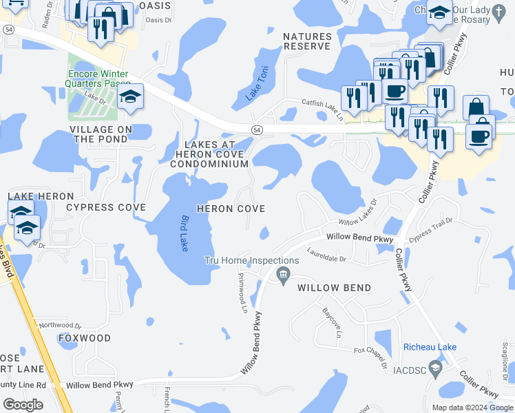 map of restaurants, bars, coffee shops, grocery stores, and more near 1648 Lullwater Lane in Lutz