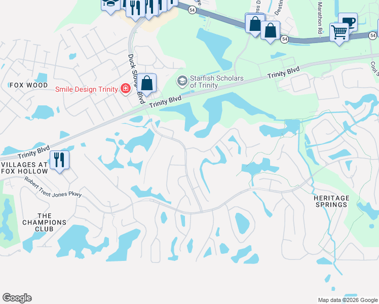 map of restaurants, bars, coffee shops, grocery stores, and more near 11043 Wedgemere Drive in Trinity