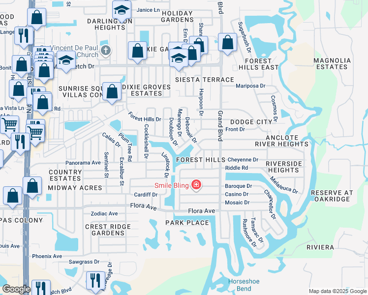 map of restaurants, bars, coffee shops, grocery stores, and more near 5300 Front Drive in Holiday