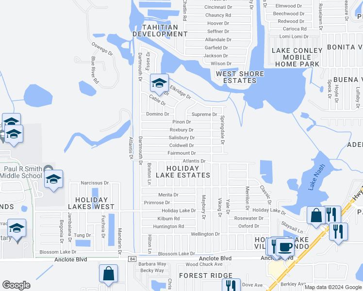 map of restaurants, bars, coffee shops, grocery stores, and more near Coldwell Drive in Holiday