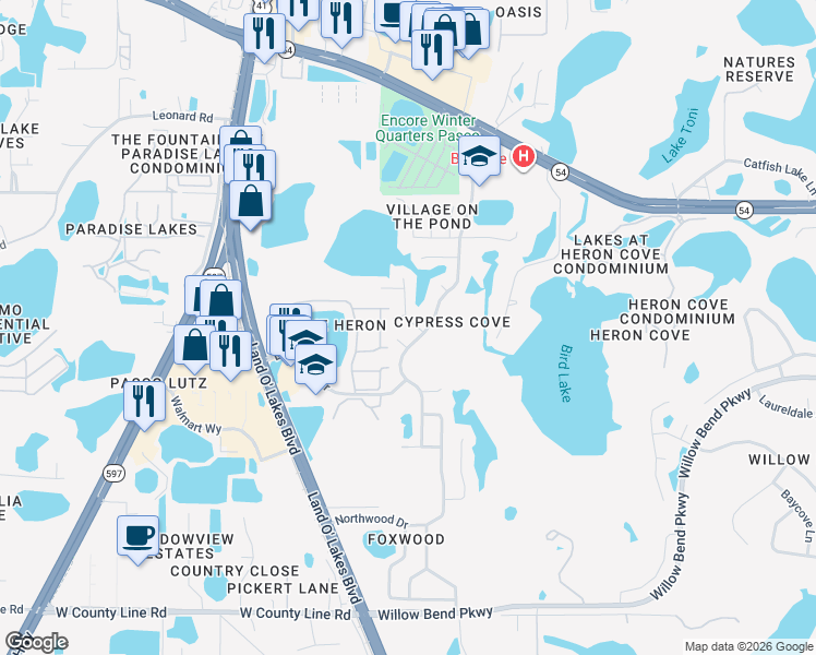 map of restaurants, bars, coffee shops, grocery stores, and more near 1638 Pintail Court in Lutz