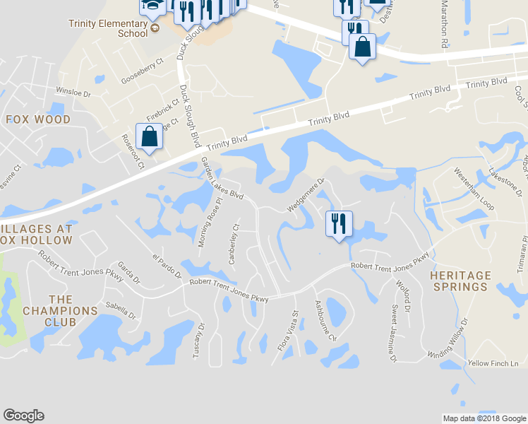 map of restaurants, bars, coffee shops, grocery stores, and more near 11036 Wedgemere Drive in Trinity