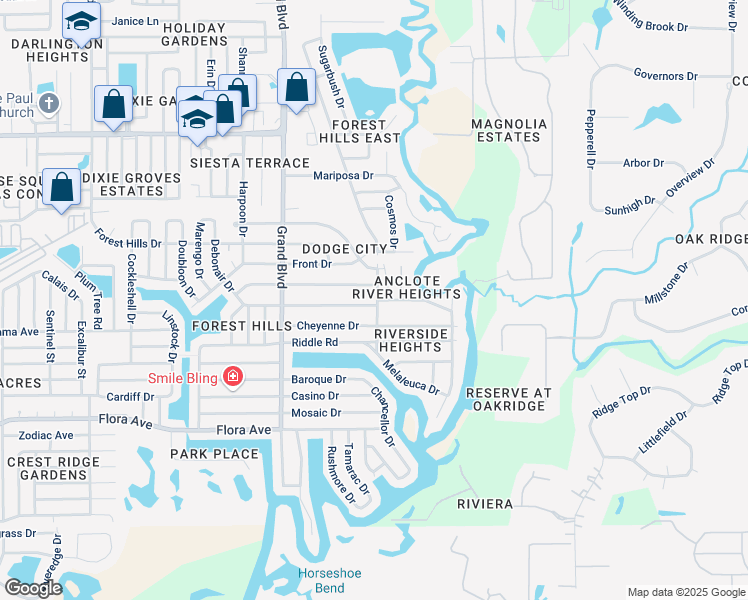 map of restaurants, bars, coffee shops, grocery stores, and more near 5721 Silver Spur Drive in Holiday