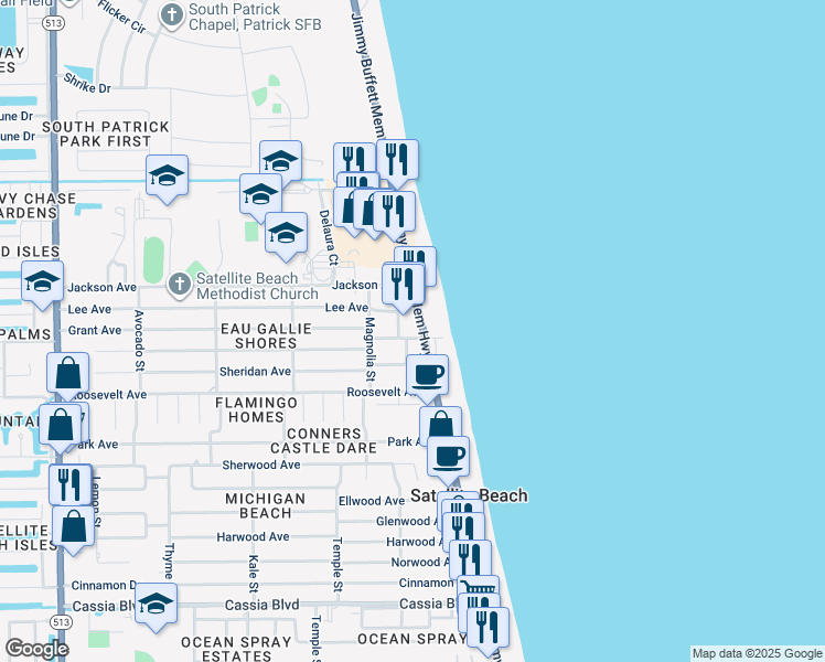 map of restaurants, bars, coffee shops, grocery stores, and more near 1150 Florida A1A in Satellite Beach