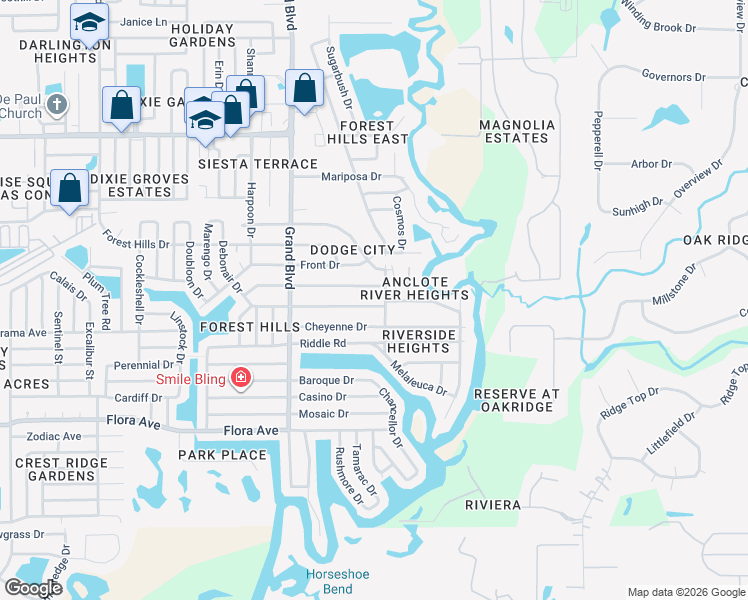map of restaurants, bars, coffee shops, grocery stores, and more near 5713 Silver Spur Drive in Holiday