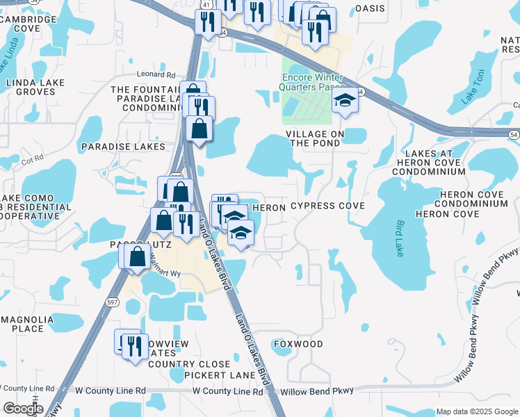 map of restaurants, bars, coffee shops, grocery stores, and more near 1735 Lake Heron Drive in Lutz