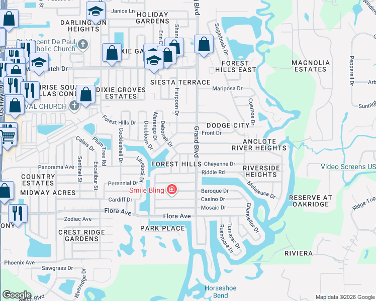 map of restaurants, bars, coffee shops, grocery stores, and more near 1553 Grand Boulevard in Holiday
