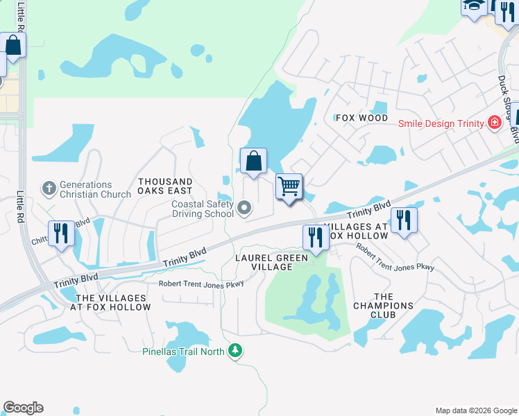 map of restaurants, bars, coffee shops, grocery stores, and more near 1544 Bayfield Court in Trinity