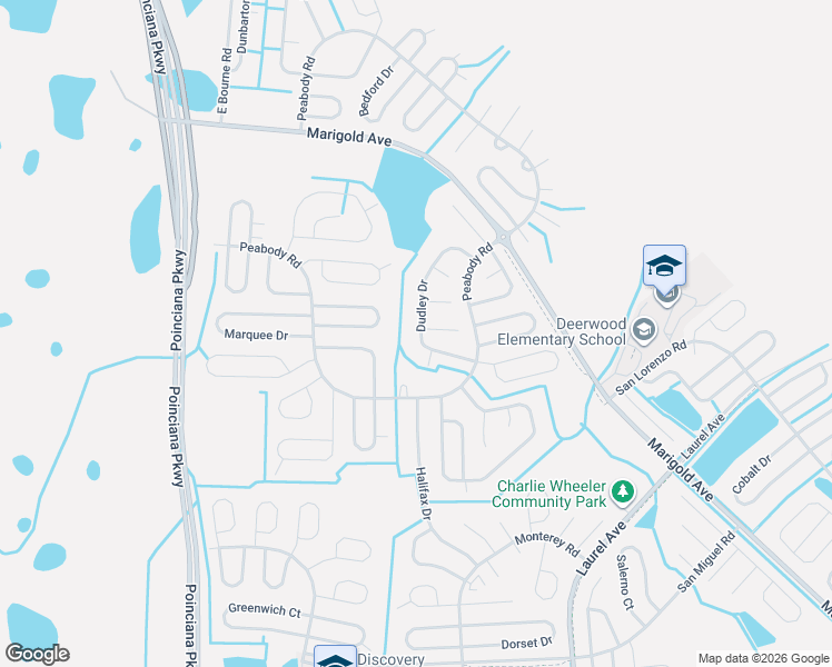 map of restaurants, bars, coffee shops, grocery stores, and more near 1036 Dudley Drive in Kissimmee