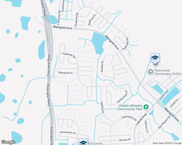 map of restaurants, bars, coffee shops, grocery stores, and more near 224 Canterbury Court in Kissimmee