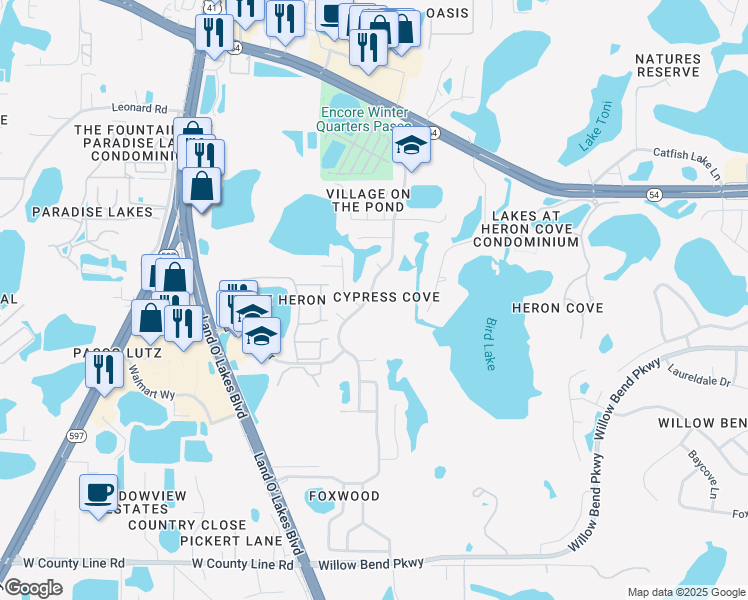 map of restaurants, bars, coffee shops, grocery stores, and more near 1652 Osprey Lane in Lutz