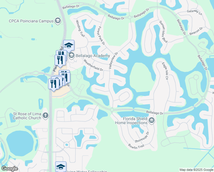 map of restaurants, bars, coffee shops, grocery stores, and more near 3586 Valley View Drive in Kissimmee
