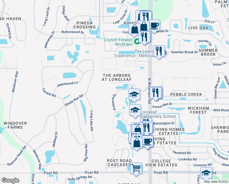 map of restaurants, bars, coffee shops, grocery stores, and more near 4456 Preserve Drive in Melbourne