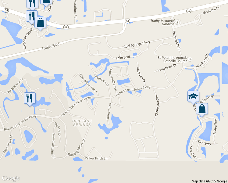 map of restaurants, bars, coffee shops, grocery stores, and more near 1611 Arbor Knoll Loop in Trinity