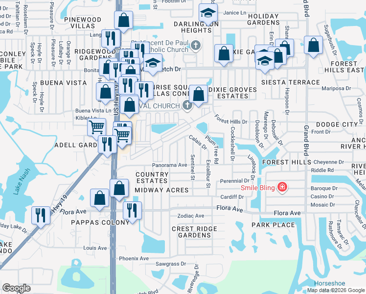 map of restaurants, bars, coffee shops, grocery stores, and more near 1551 Derrick Street in Holiday