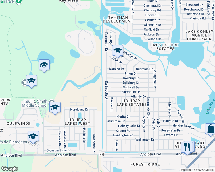 map of restaurants, bars, coffee shops, grocery stores, and more near 3023 Coldwell Drive in Holiday