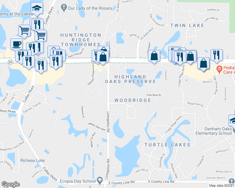 map of restaurants, bars, coffee shops, grocery stores, and more near 1716 Woodpond Way in Lutz
