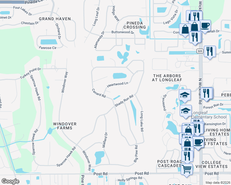 map of restaurants, bars, coffee shops, grocery stores, and more near 3575 Heartwood Lane in Melbourne