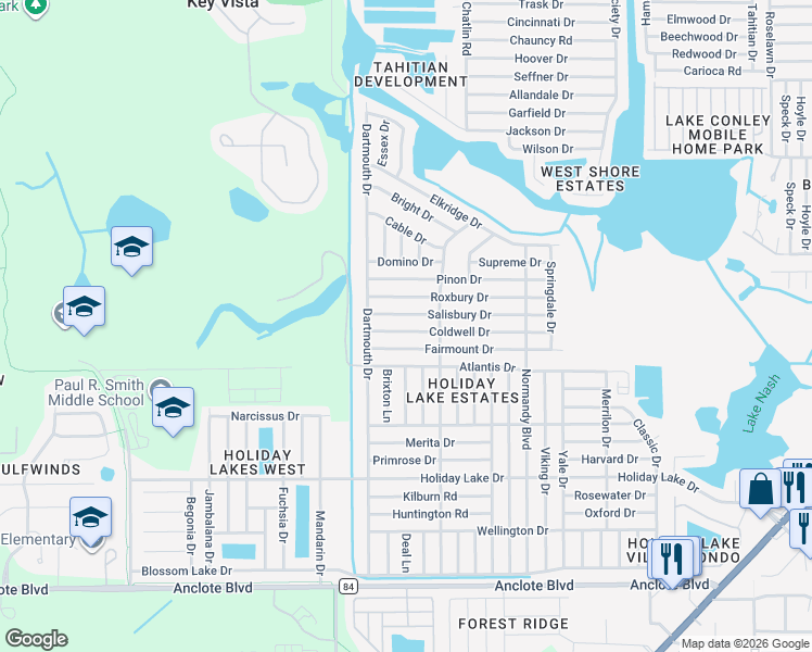 map of restaurants, bars, coffee shops, grocery stores, and more near 3111 Coldwell Drive in Holiday