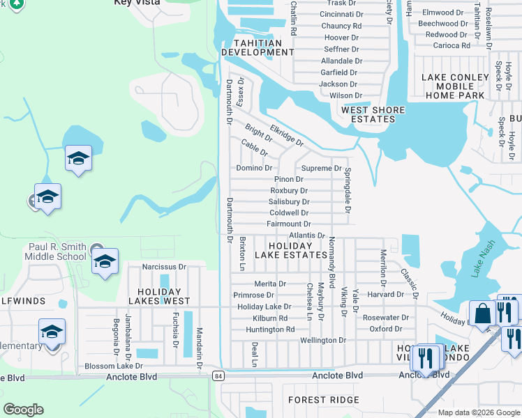 map of restaurants, bars, coffee shops, grocery stores, and more near 3111 Coldwell Drive in Holiday