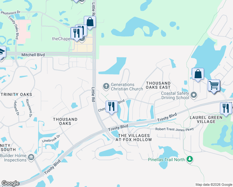 map of restaurants, bars, coffee shops, grocery stores, and more near 1533 Regal Mist Loop in Trinity