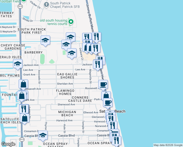 map of restaurants, bars, coffee shops, grocery stores, and more near 135 Magnolia Street in Satellite Beach