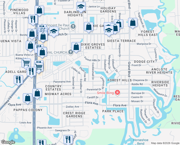 map of restaurants, bars, coffee shops, grocery stores, and more near 1539 Roundtree Road in Holiday