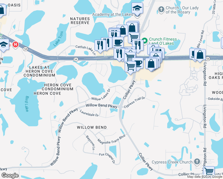 map of restaurants, bars, coffee shops, grocery stores, and more near 22644 Willow Lakes Drive in Lutz
