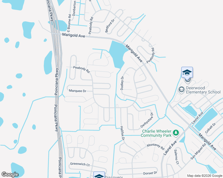 map of restaurants, bars, coffee shops, grocery stores, and more near 224 Canterbury Court in Kissimmee