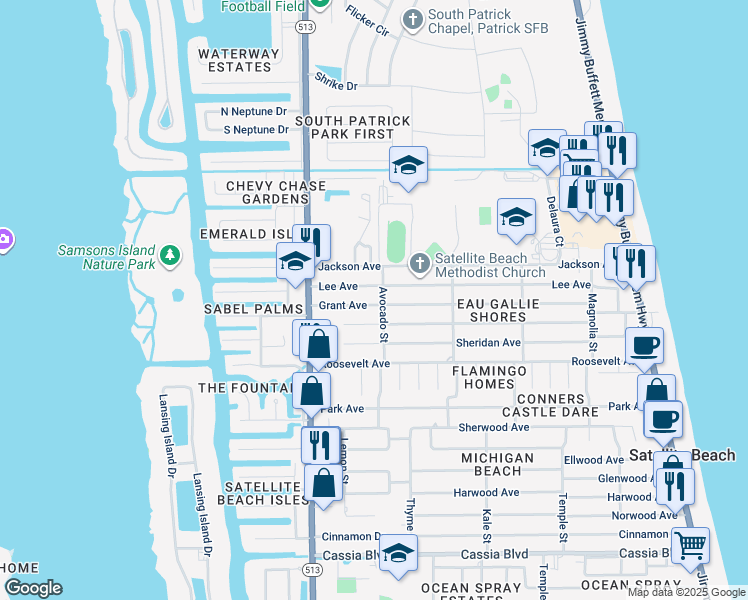 map of restaurants, bars, coffee shops, grocery stores, and more near 524 Grant Avenue in Satellite Beach