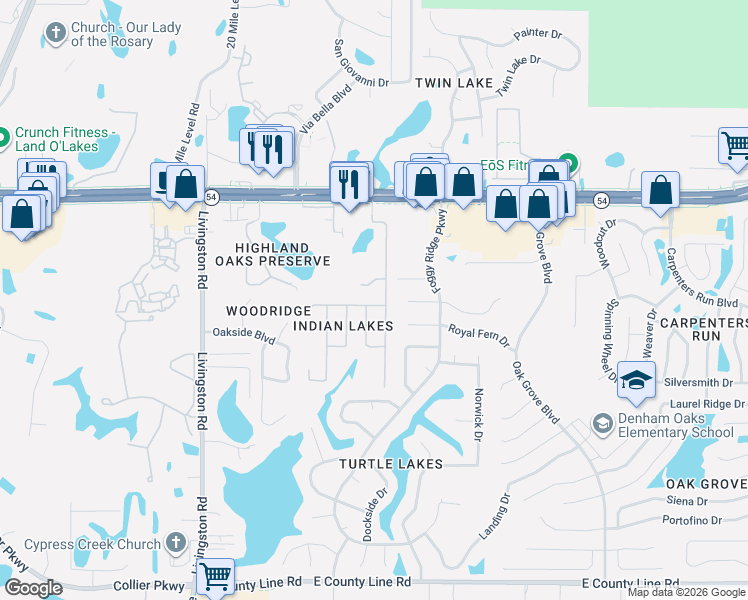 map of restaurants, bars, coffee shops, grocery stores, and more near 23923 Pow Wow Drive in Lutz