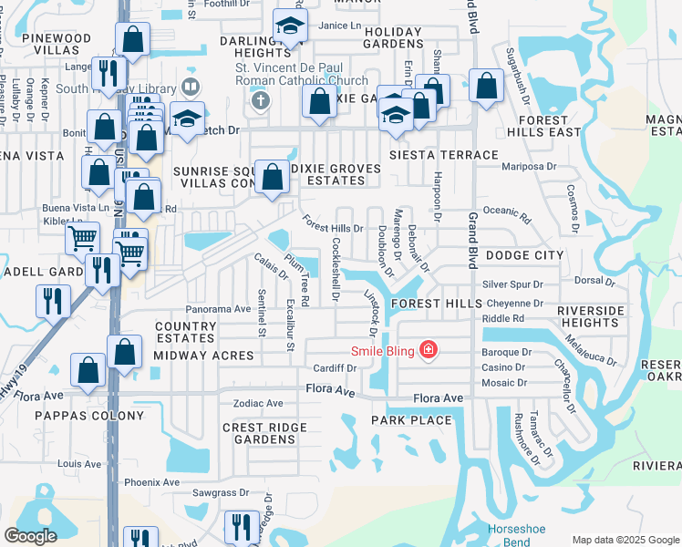 map of restaurants, bars, coffee shops, grocery stores, and more near 1552 Cockleshell Drive in Holiday