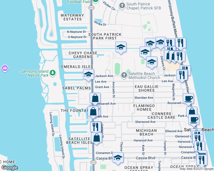 map of restaurants, bars, coffee shops, grocery stores, and more near 524 Grant Avenue in Satellite Beach