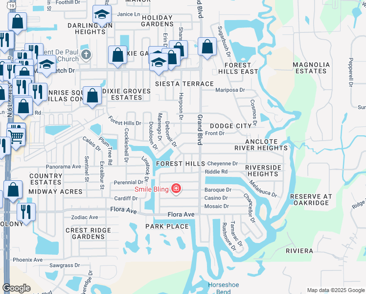 map of restaurants, bars, coffee shops, grocery stores, and more near 5402 Golden Nugget Drive in Holiday