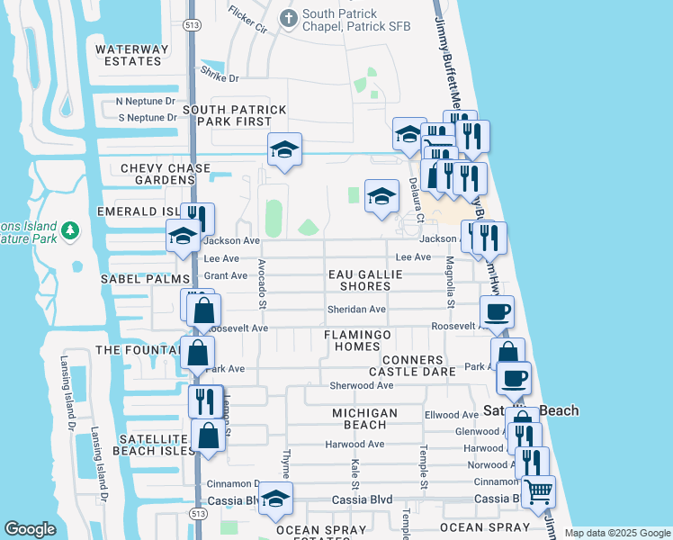 map of restaurants, bars, coffee shops, grocery stores, and more near 390 Grant Avenue in Satellite Beach
