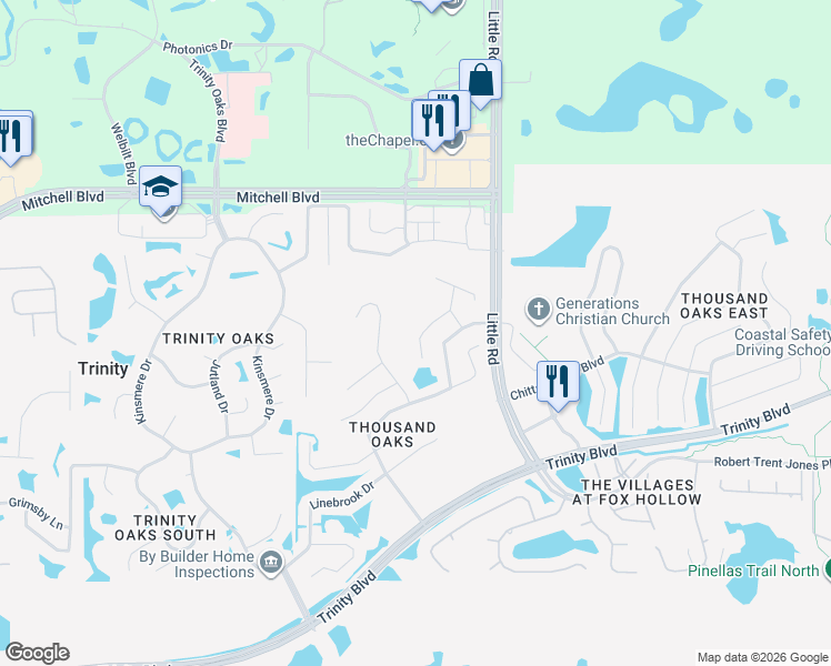 map of restaurants, bars, coffee shops, grocery stores, and more near 1549 Stipule Court in Trinity