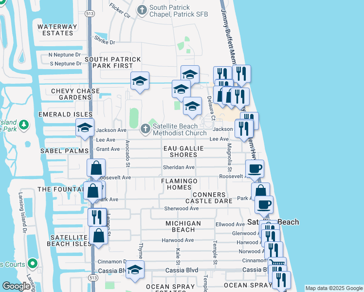 map of restaurants, bars, coffee shops, grocery stores, and more near 340 Grant Ave in Satellite Beach