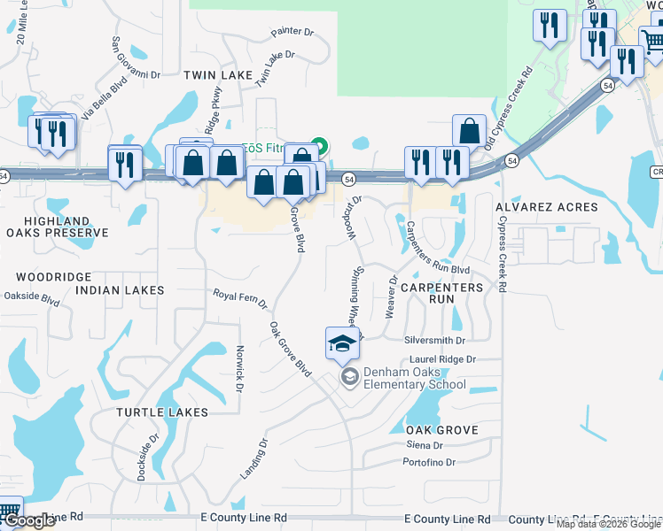 map of restaurants, bars, coffee shops, grocery stores, and more near 24404 Crosscut Road in Lutz