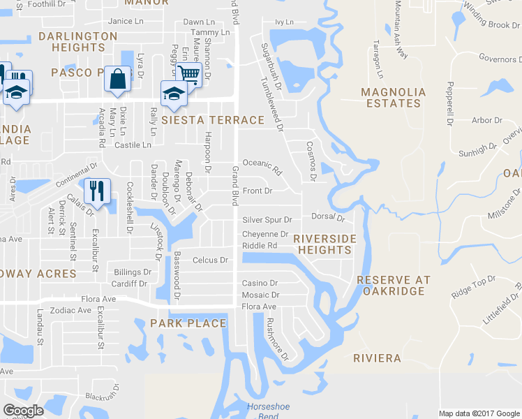map of restaurants, bars, coffee shops, grocery stores, and more near 5552 Golden Nugget Drive in Holiday
