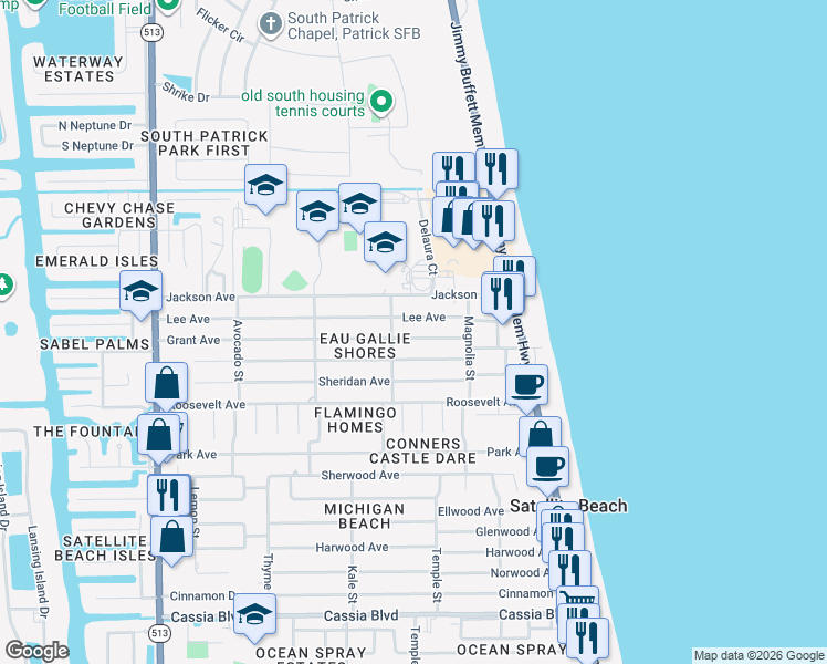 map of restaurants, bars, coffee shops, grocery stores, and more near 280 Grant Avenue in Satellite Beach
