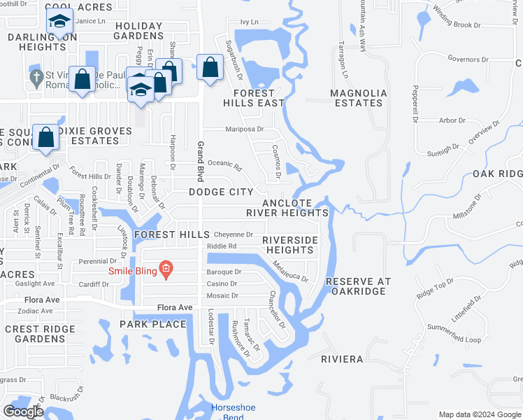 map of restaurants, bars, coffee shops, grocery stores, and more near 5716 Golden Nugget Drive in Holiday