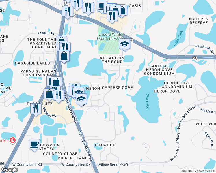 map of restaurants, bars, coffee shops, grocery stores, and more near 1638 Pintail Court in Lutz