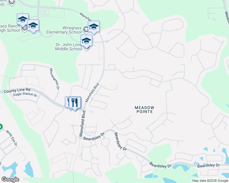 map of restaurants, bars, coffee shops, grocery stores, and more near 30332 Glenham Court in Wesley Chapel