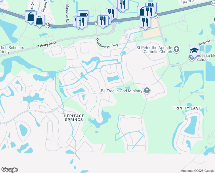 map of restaurants, bars, coffee shops, grocery stores, and more near 1611 Arbor Knoll Loop in Trinity