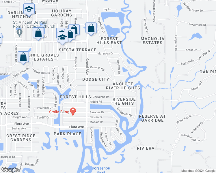 map of restaurants, bars, coffee shops, grocery stores, and more near 5648 Golden Nugget Drive in Holiday